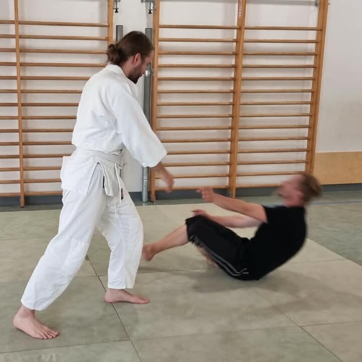 Zwei hellhäutige Aikido‑Übende auf einem gepolsterten Dojoboden vor Sprossenwänden. Links steht eine barfüßige Person in einem vollständig weißen Gi in einer tiefen Haltung mit nach vorne ausgestreckten Armen und beobachtet aufmerksam. Rechts ist eine Person in einem weißen Gi und dunklem Hakama in der Mitte einer Vorwärtsrolle festgehalten, mit tiefem Oberkörper und herumschwingenden Beinen, die die Bewegung demonstriert, die die Person in Weiß als Nächstes ausprobieren wird.